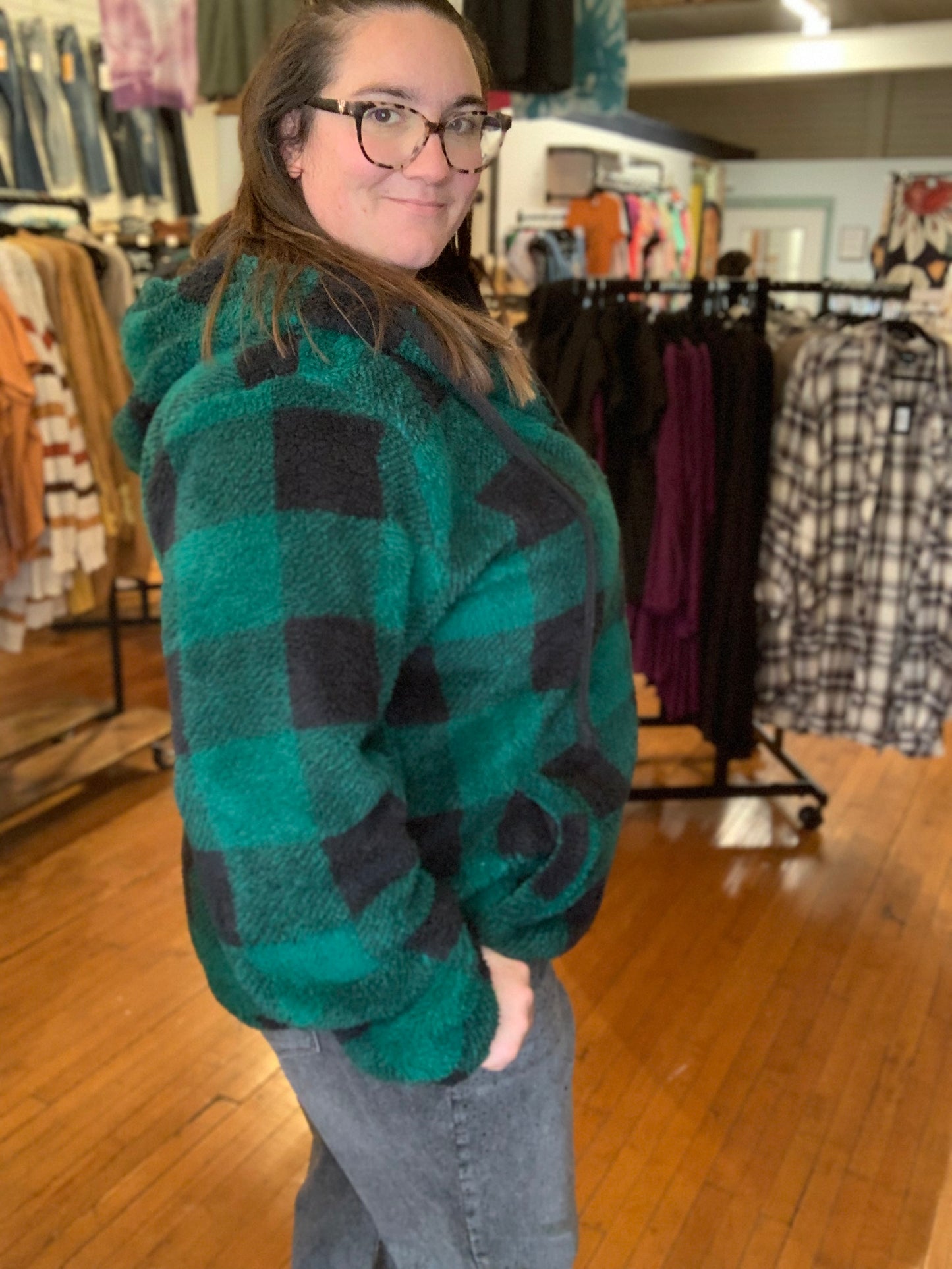 Erika - Sherpa Fullzip Hoodie - Green Plaid