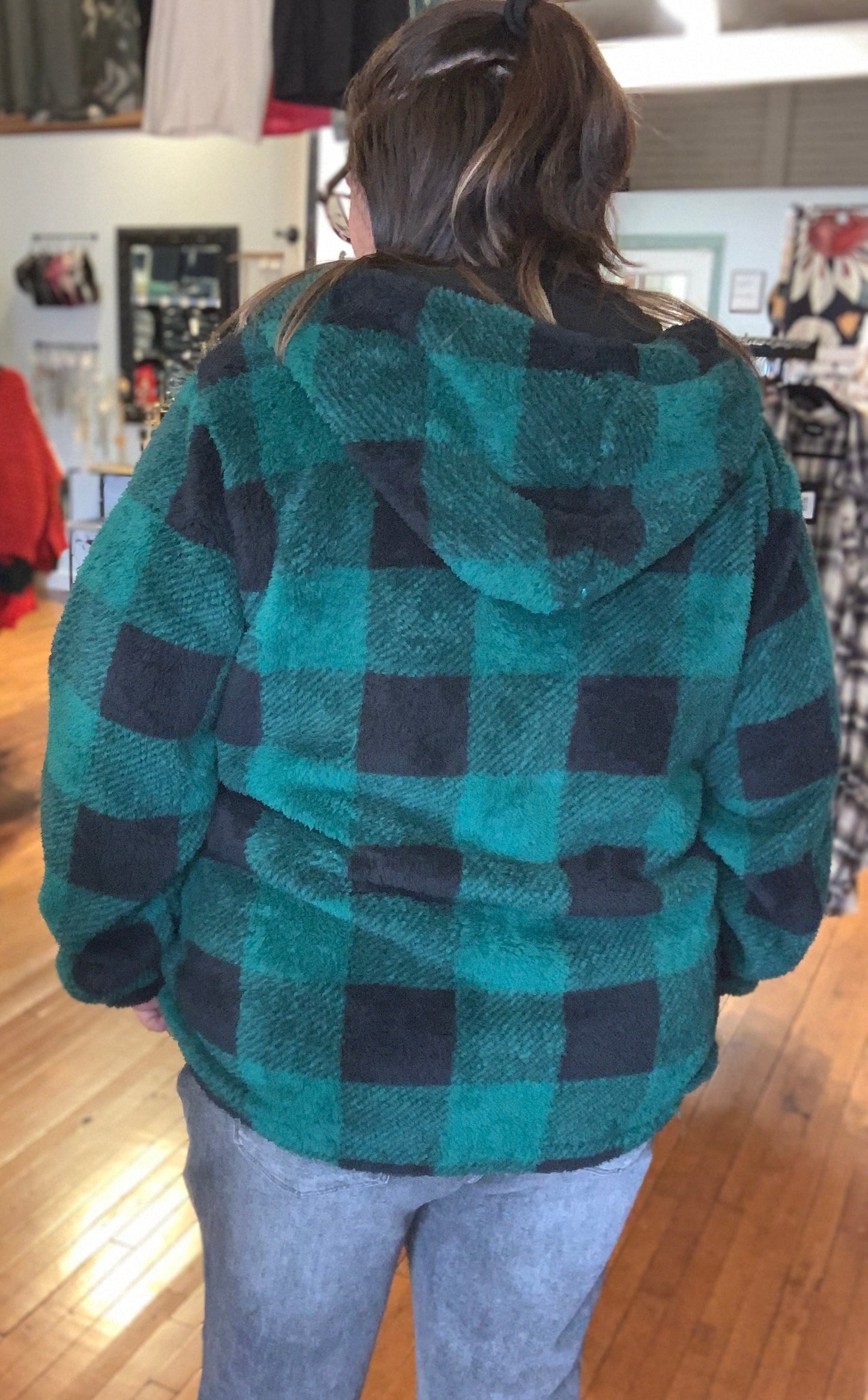 Erika - Sherpa Fullzip Hoodie - Green Plaid