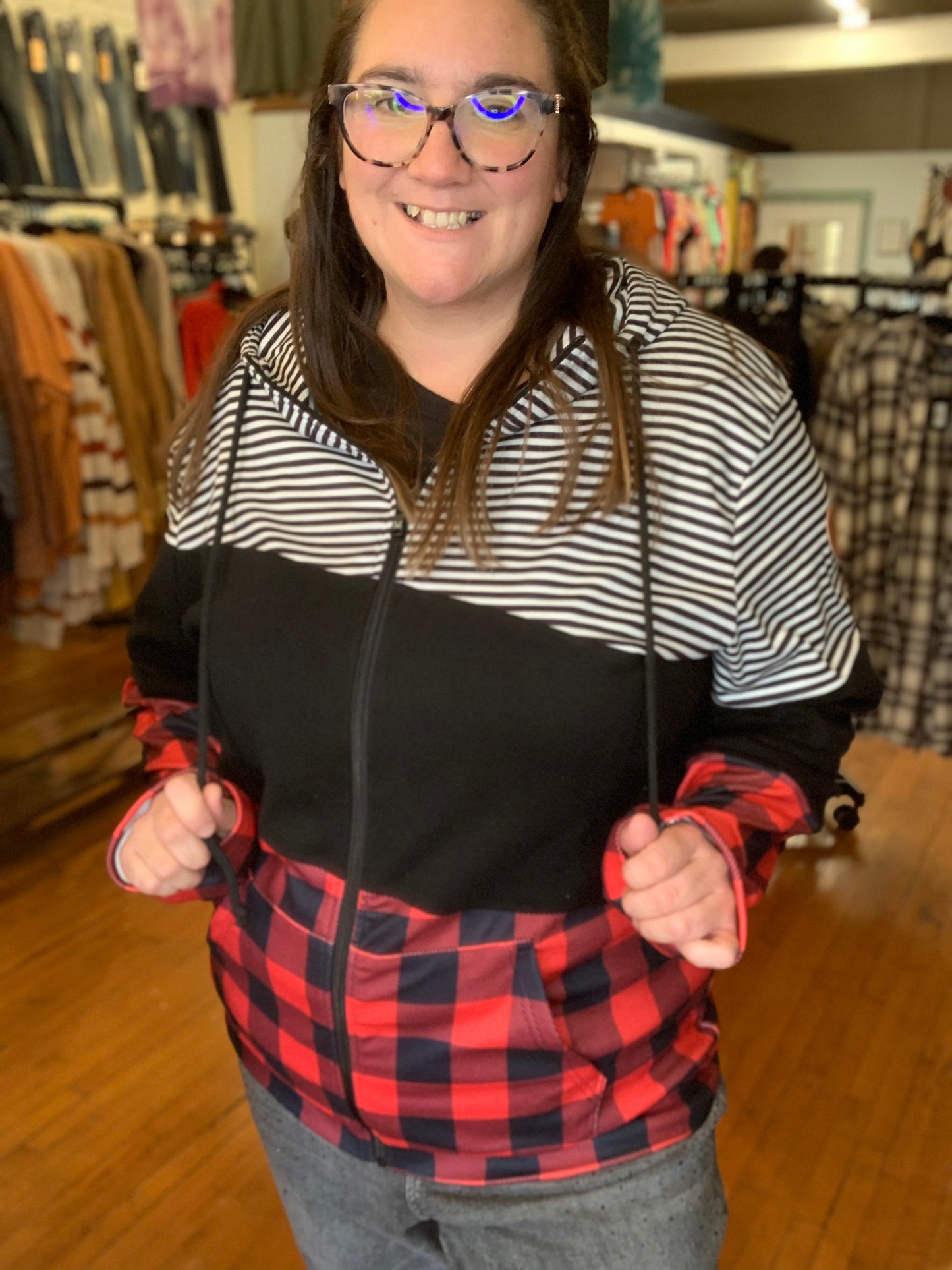 Jessa - Colorblock Fullzip - Plaid and Stripes