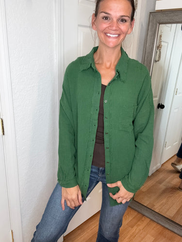 GARLYN GAUZE BUTTON DOWN COVER UP TOP GREEN- ZENANA