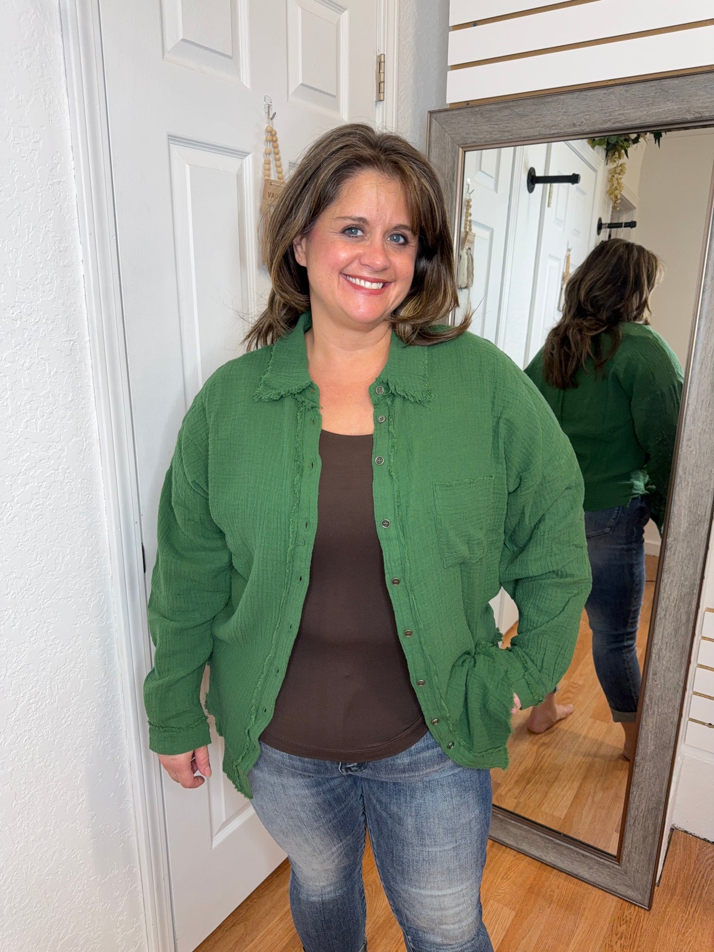 GARLYN GAUZE BUTTON DOWN COVER UP TOP GREEN- ZENANA