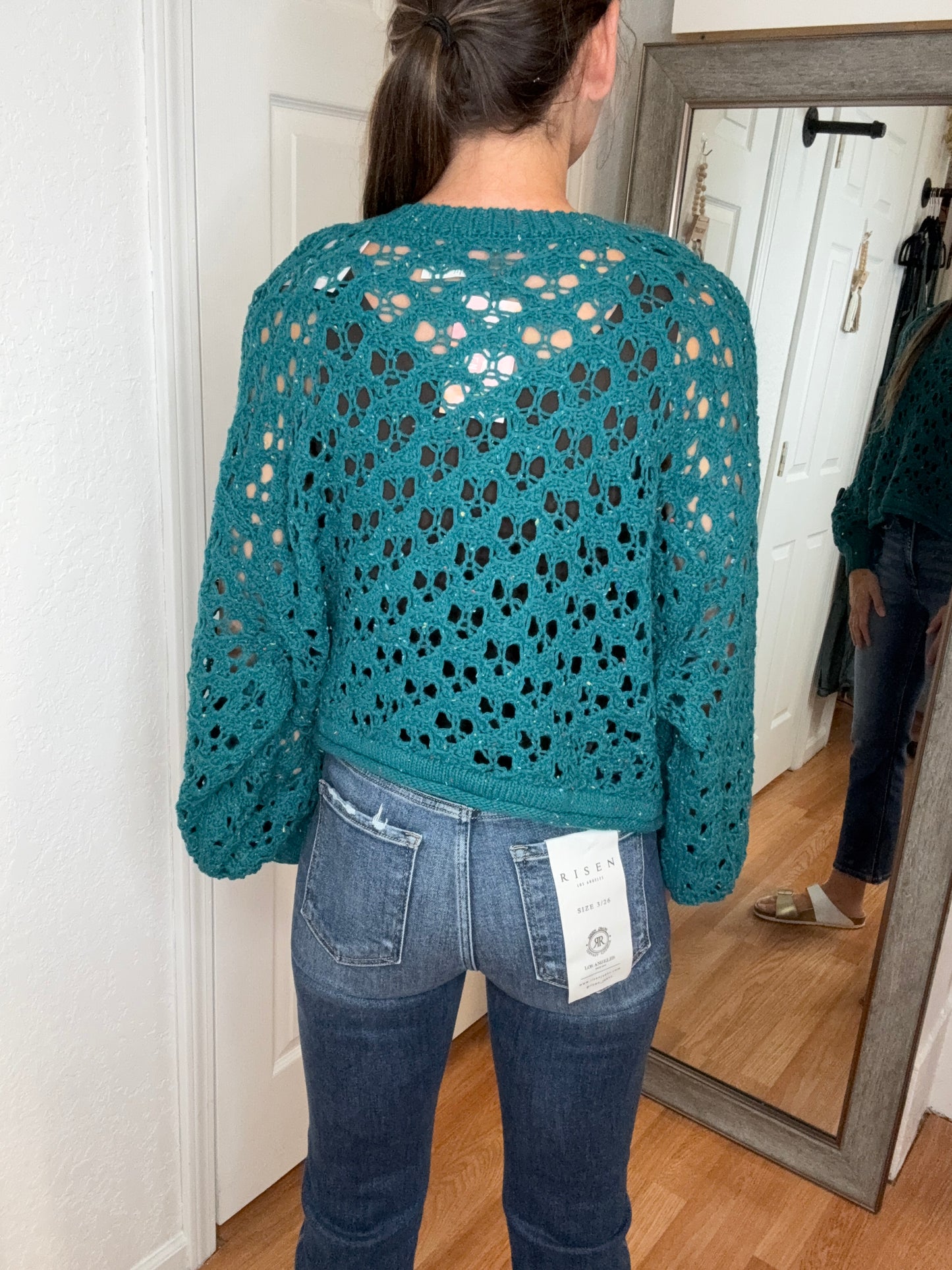 HAYLEY PULLOVER OPEN KNIT SWEATER TOP TEAL - ZENANA