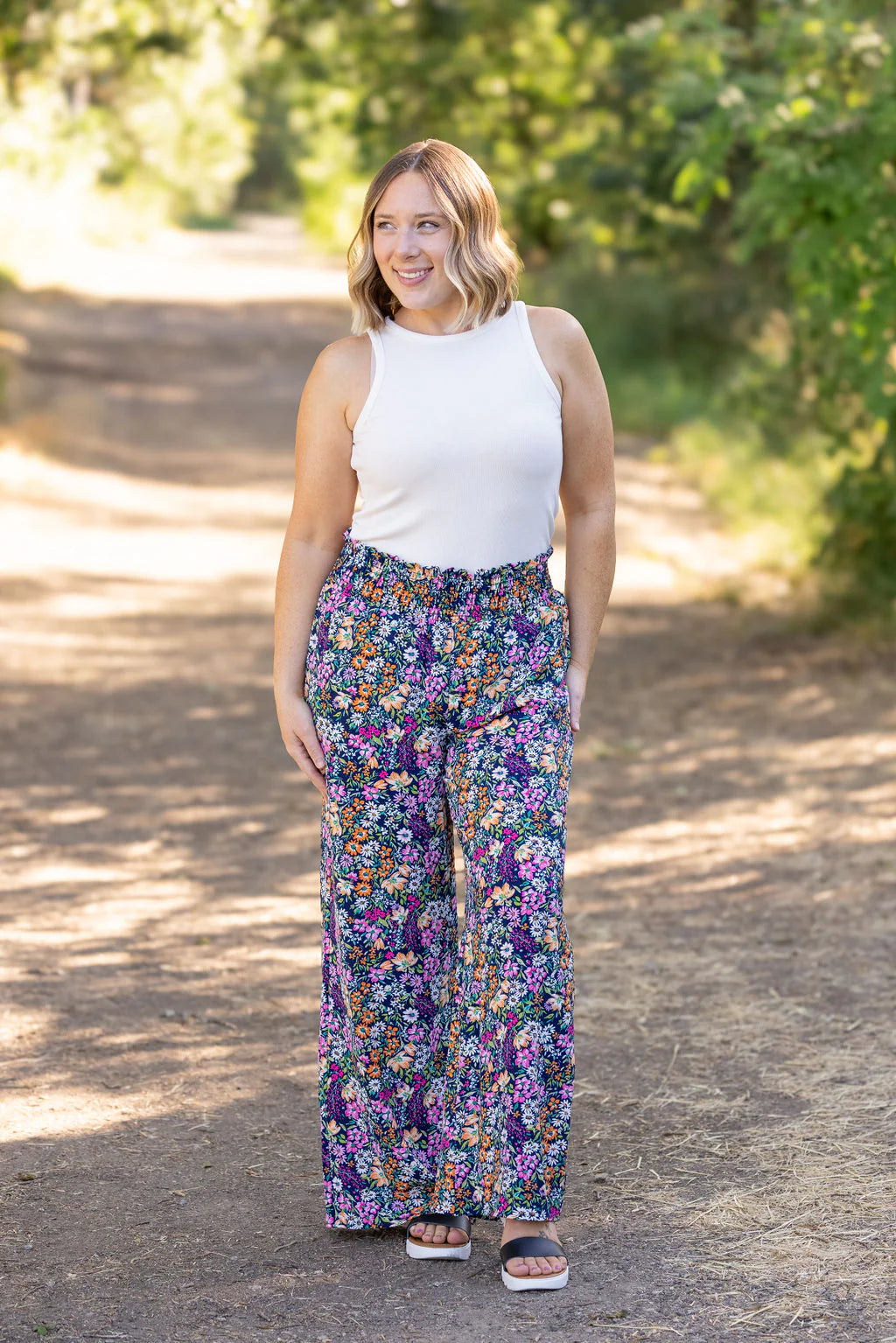 Presley Palazzo Pants - Navy and Pink Floral Mix