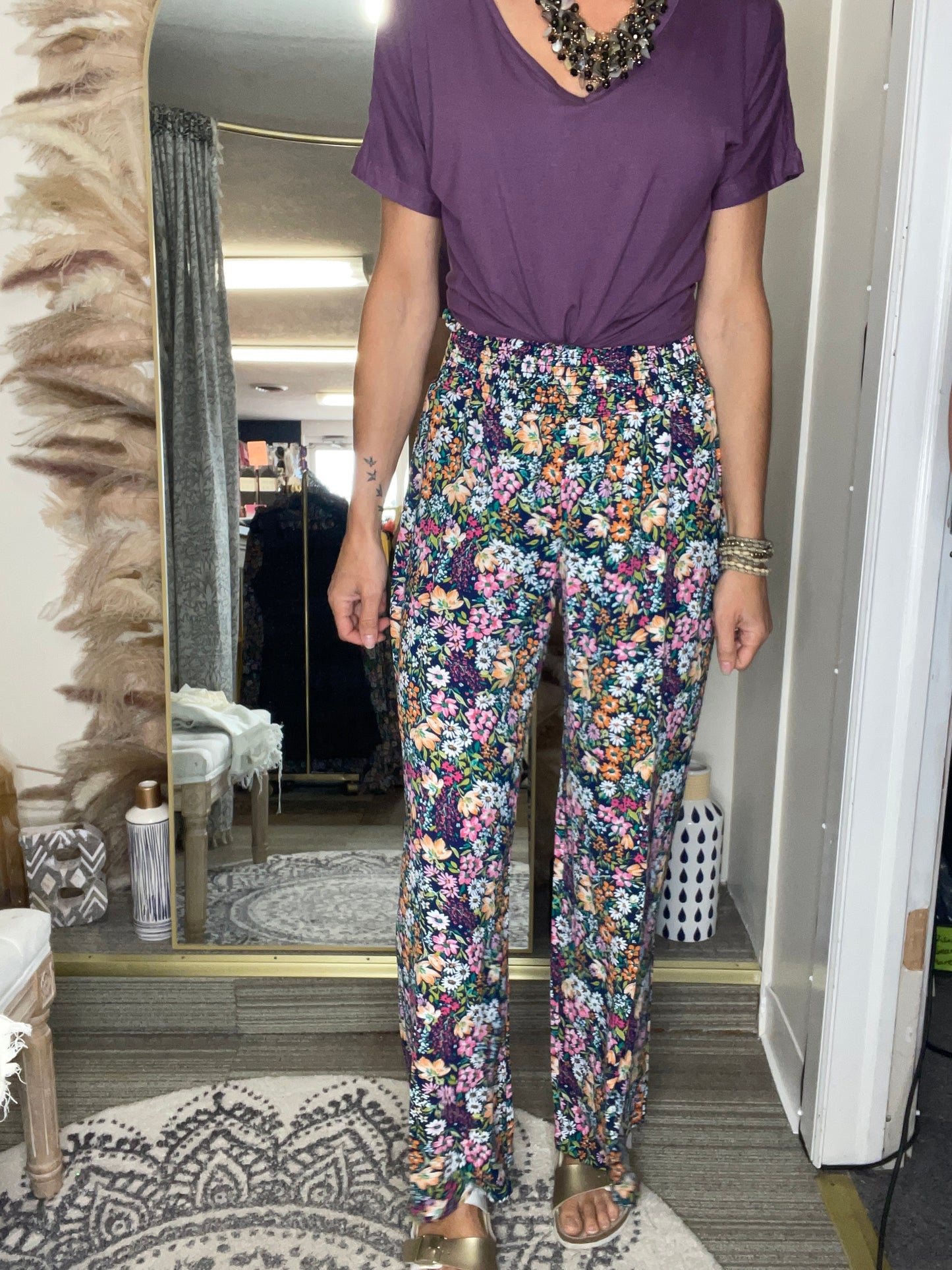 Presley Palazzo Pants - Navy and Pink Floral Mix