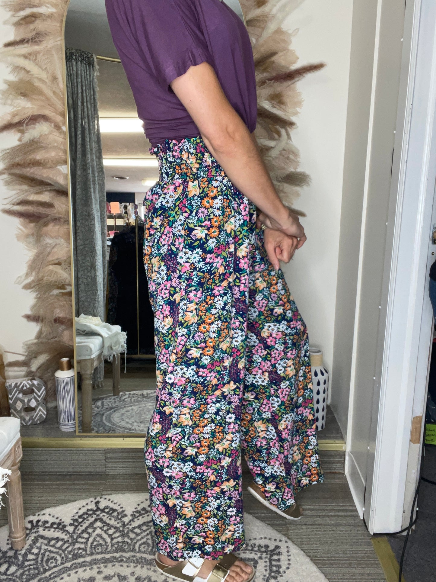 Presley Palazzo Pants - Navy and Pink Floral Mix