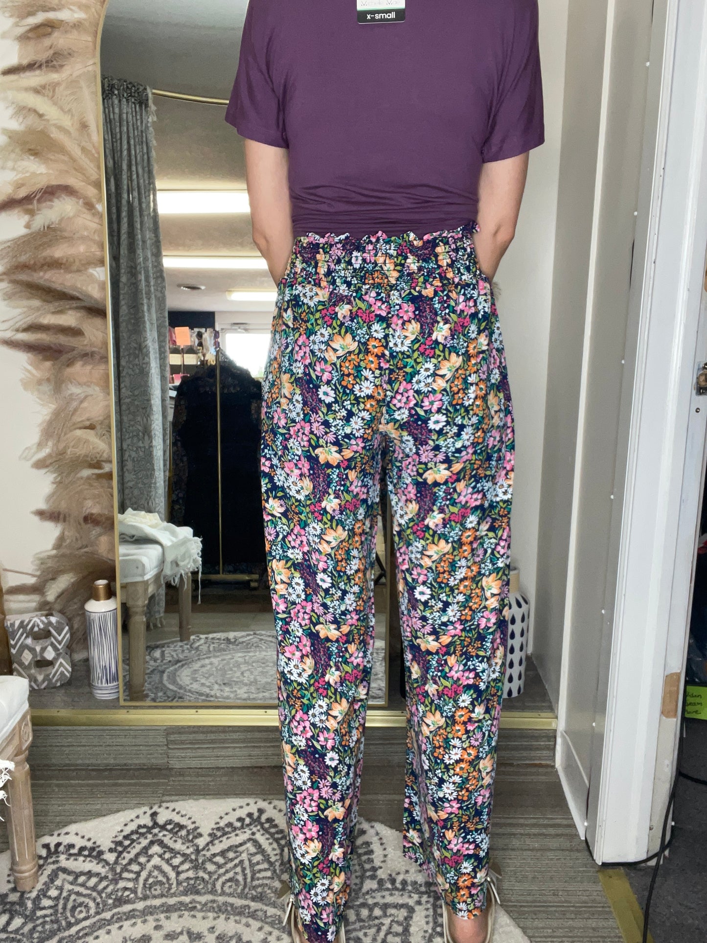 Presley Palazzo Pants - Navy and Pink Floral Mix