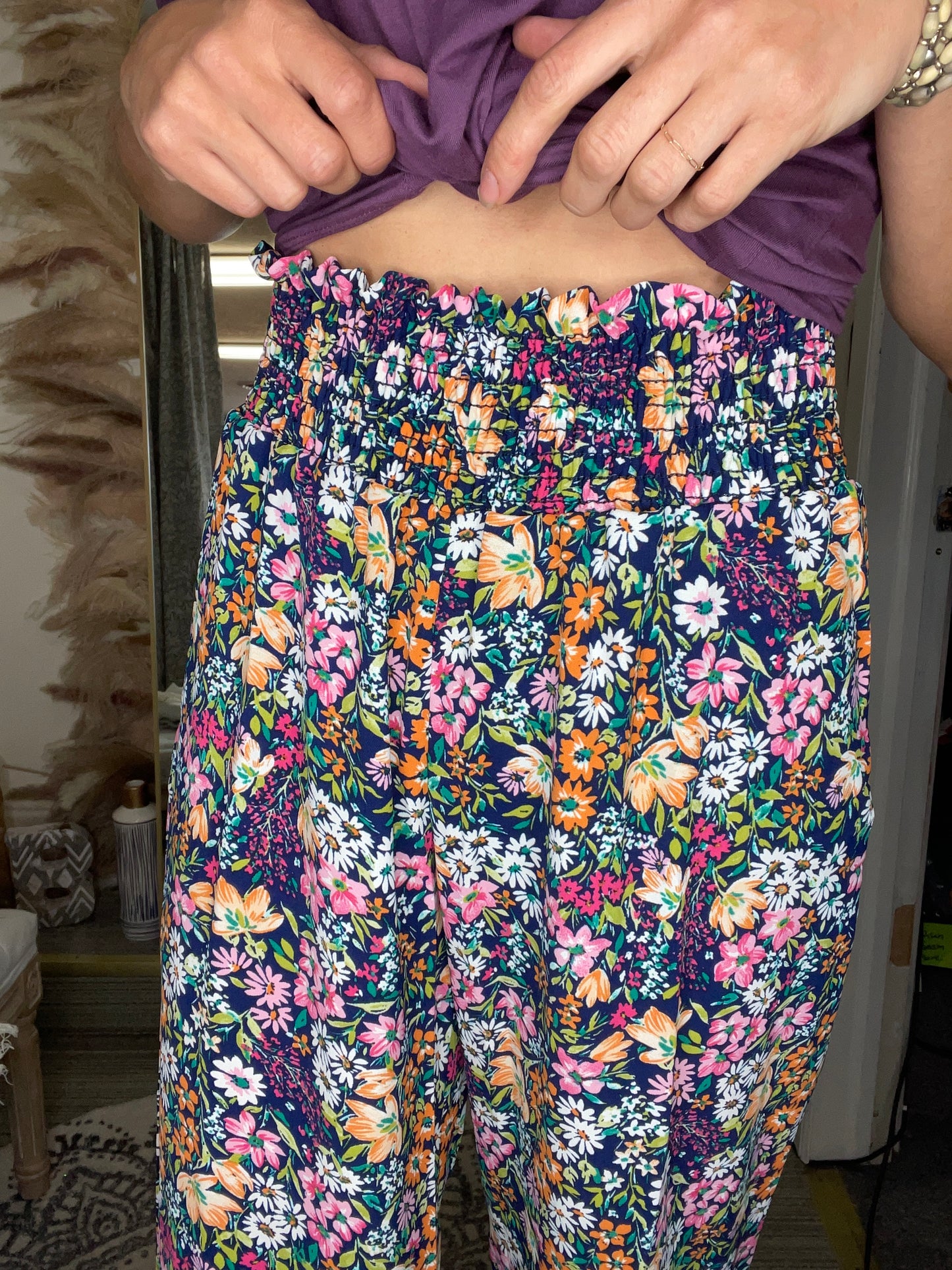 Presley Palazzo Pants - Navy and Pink Floral Mix