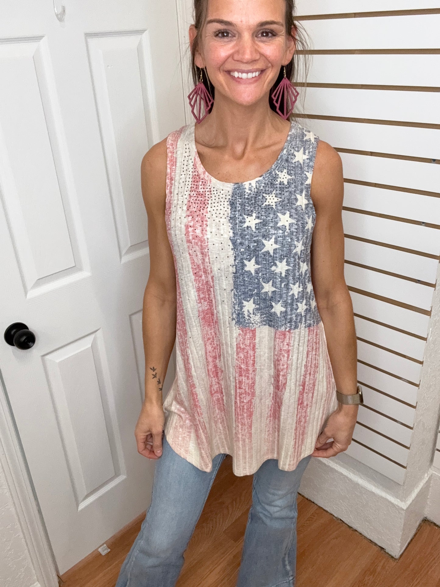 LIBERTY RHINESTONE FLAG SLEEVELESS TOP - BY VOCAL