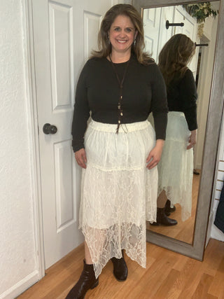 Ellie Asymmetrical Lace Midi Skirt Oat- Listicle