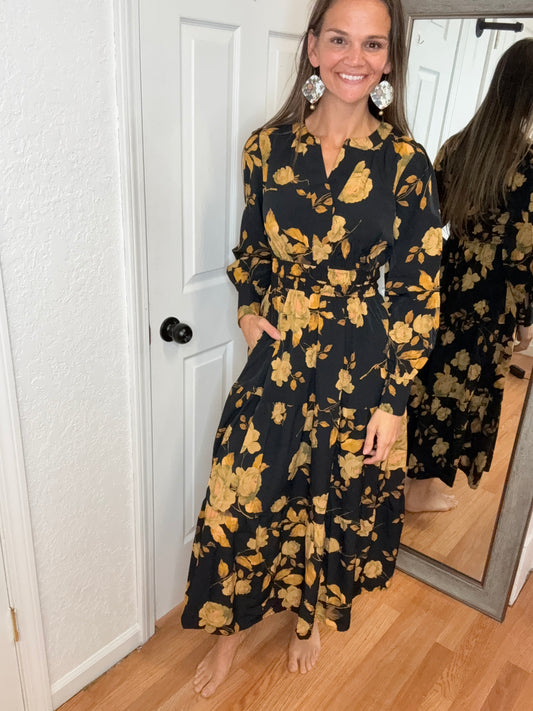GOLDEN SUNSET FLORAL MIDI MAXI DRESS - ODDI