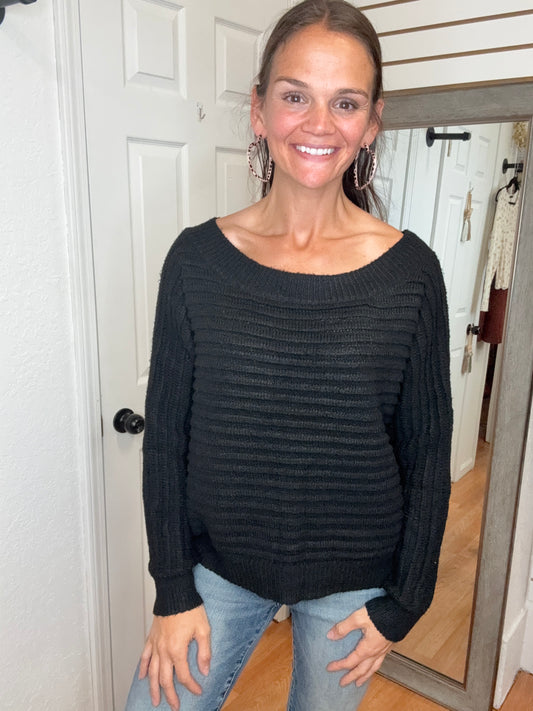DAWN BOAT NECK SWEATER TOP BLACK - COZY