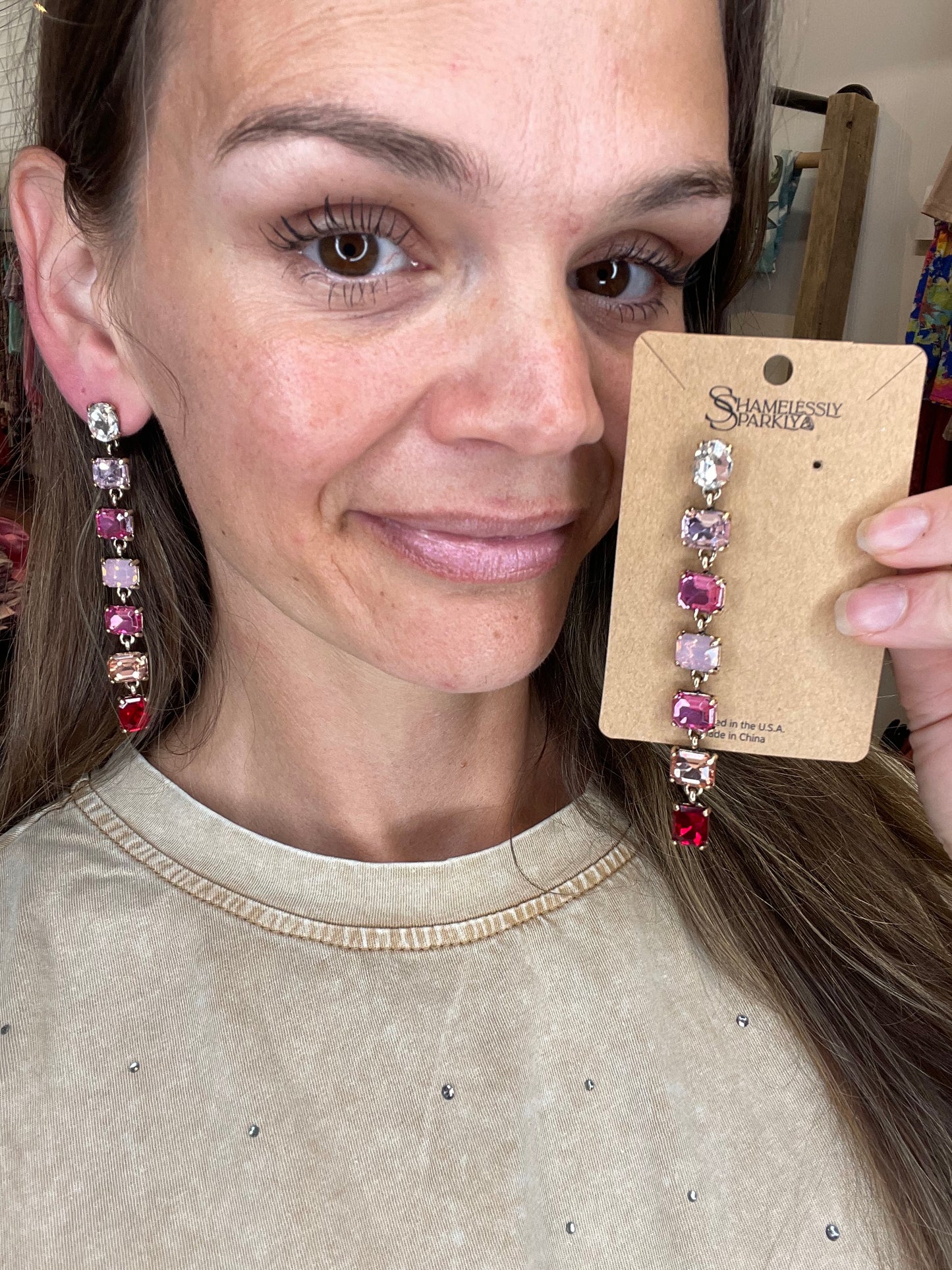 Pink Red Crystal Drop Earrings