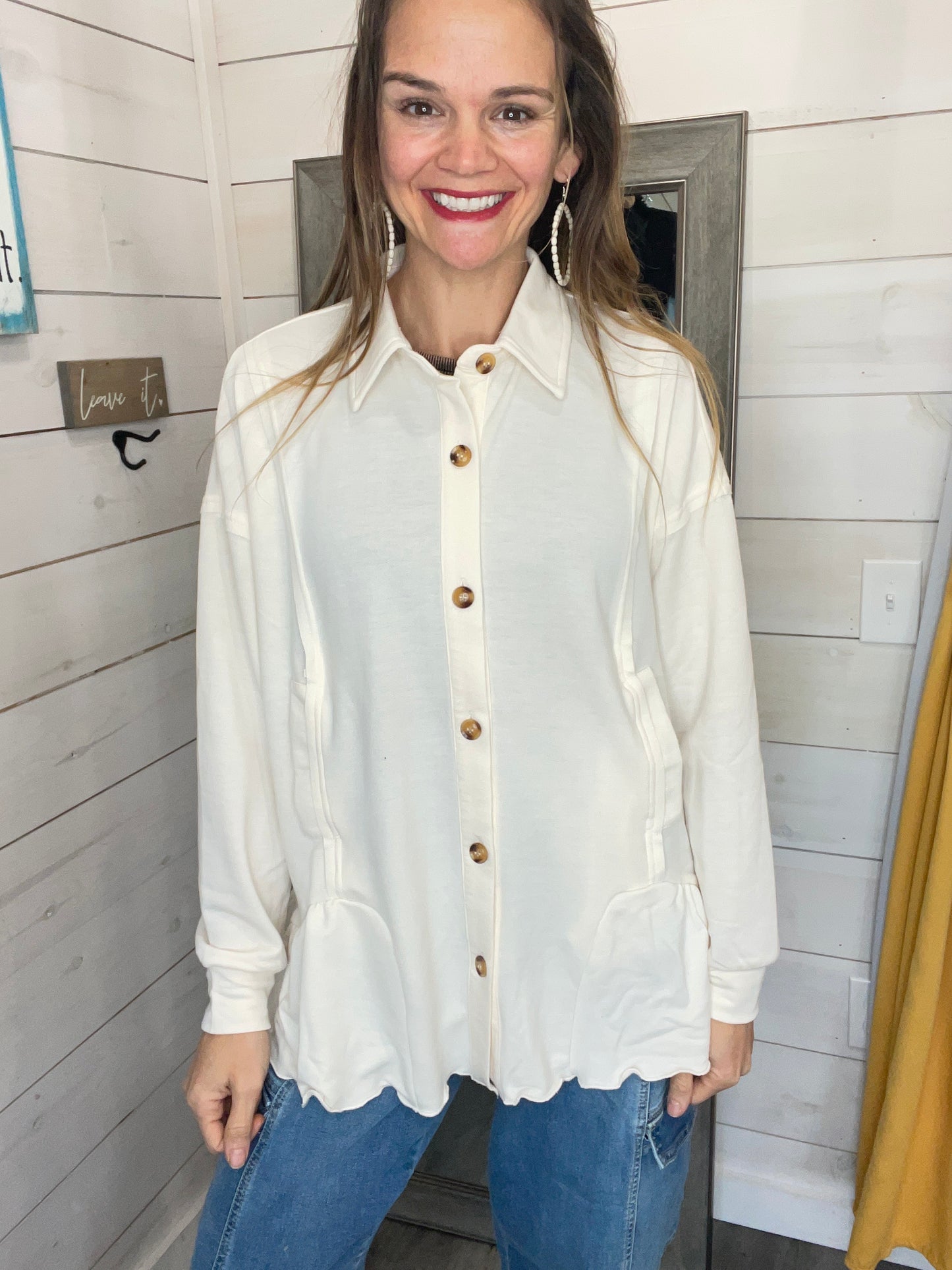 SOFT BABY FRENCH TERRY BUTTON-DOWN FLARE SHACKET
