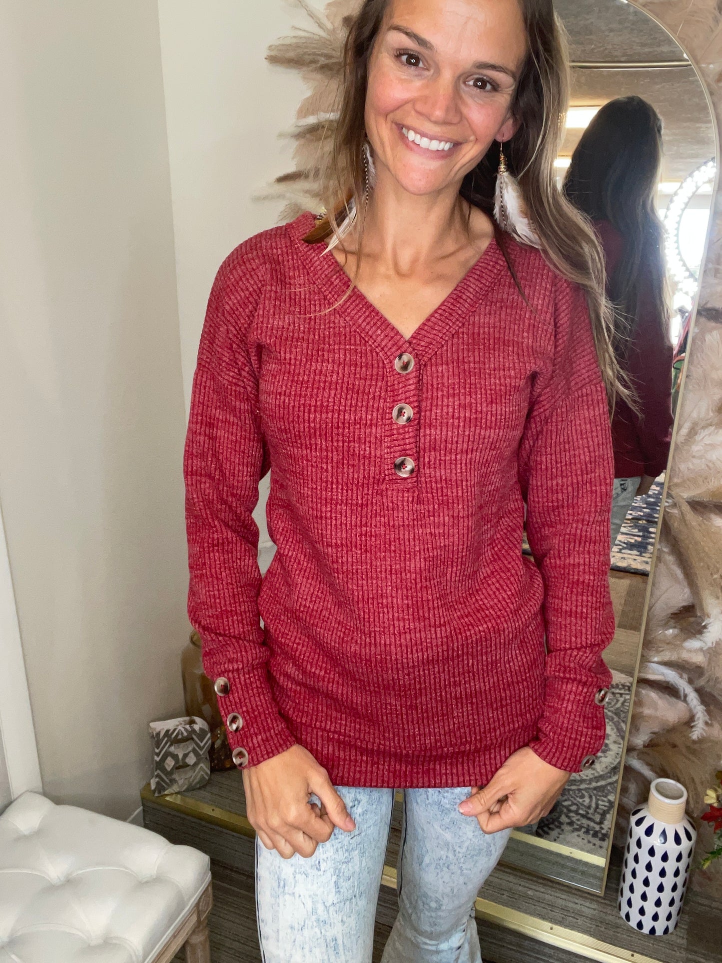 Brittney Button Sweater - burgundy