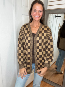CHECK PLEASE CARDIGAN TWO TONE BROWN - COZY CO