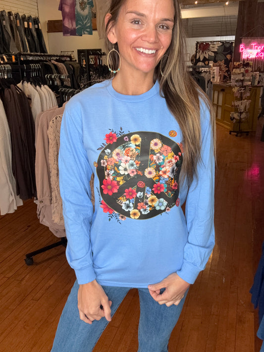 PEACE LOVE FLORAL GRAPHIC LONG SLEEVE TOP