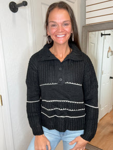 BELLA COLLARED STRIPED SWEATER TOP BLACK - COZY