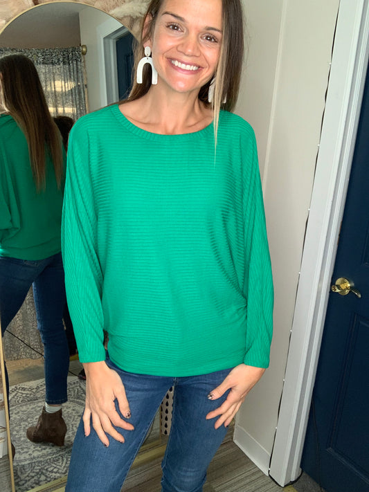 RIBBED BATWING LONG SLEEVE BOAT NECK SWEATER Kelly Green