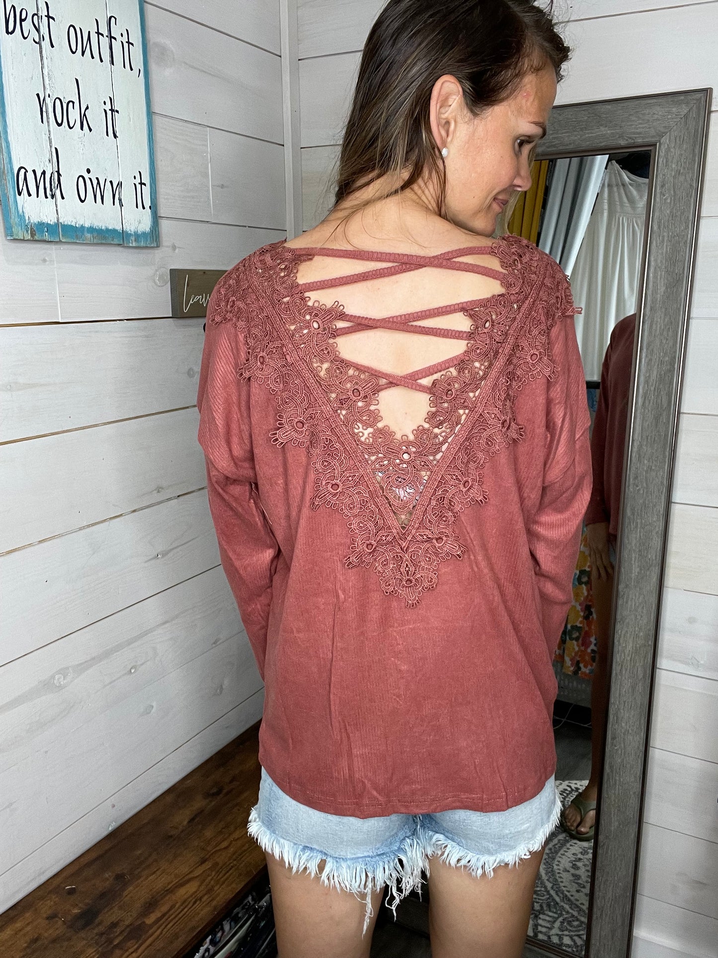 Long sleeve lace back top