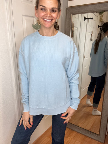 Clara Round Bottom Corded Crew Sweatshirt Lt Blue- Moon Ryder