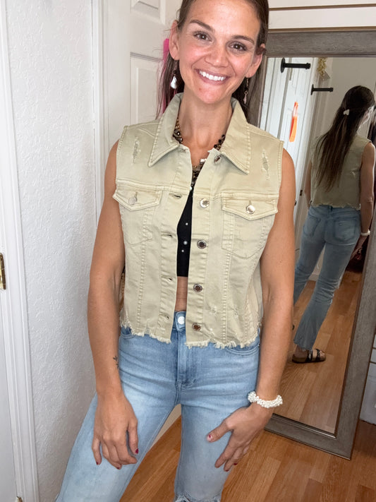 MARYN DISTRESSED DENIM VEST KHAKI- RISEN