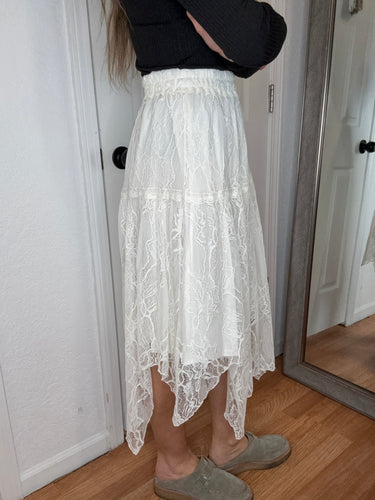 Ellie Asymmetrical Lace Midi Skirt Oat- Listicle