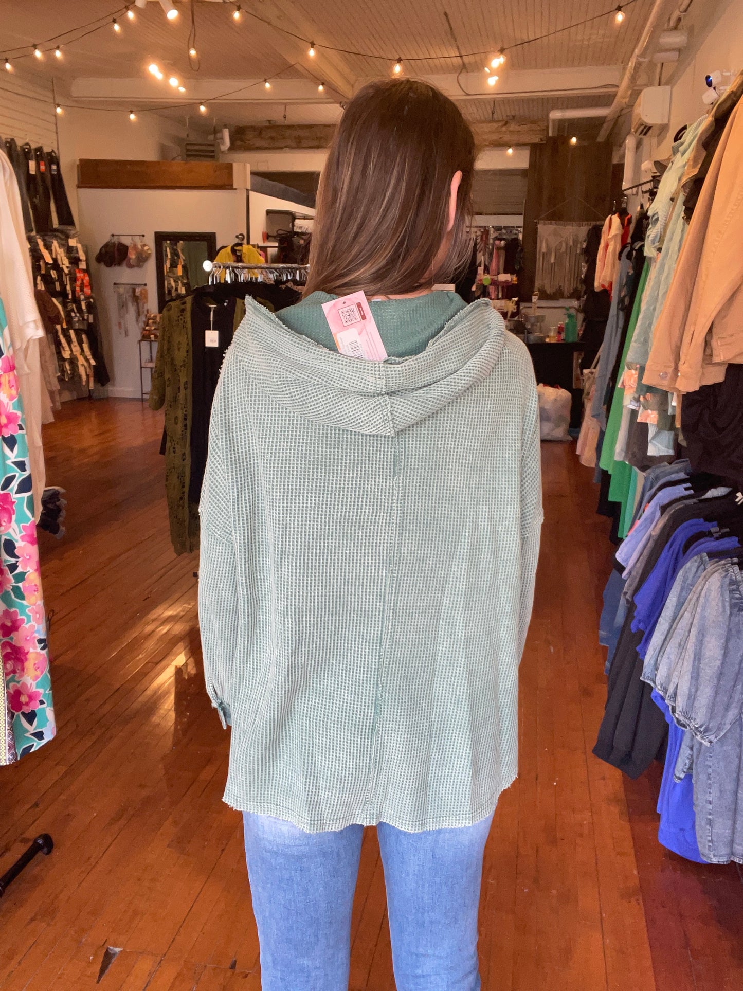 Hooded Waffle Knit Top-Sage