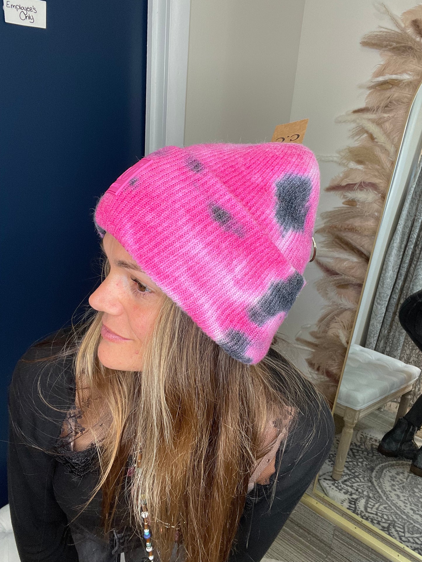 CC tie dye beanie with rubber patch- HOT PINK/ BLACK