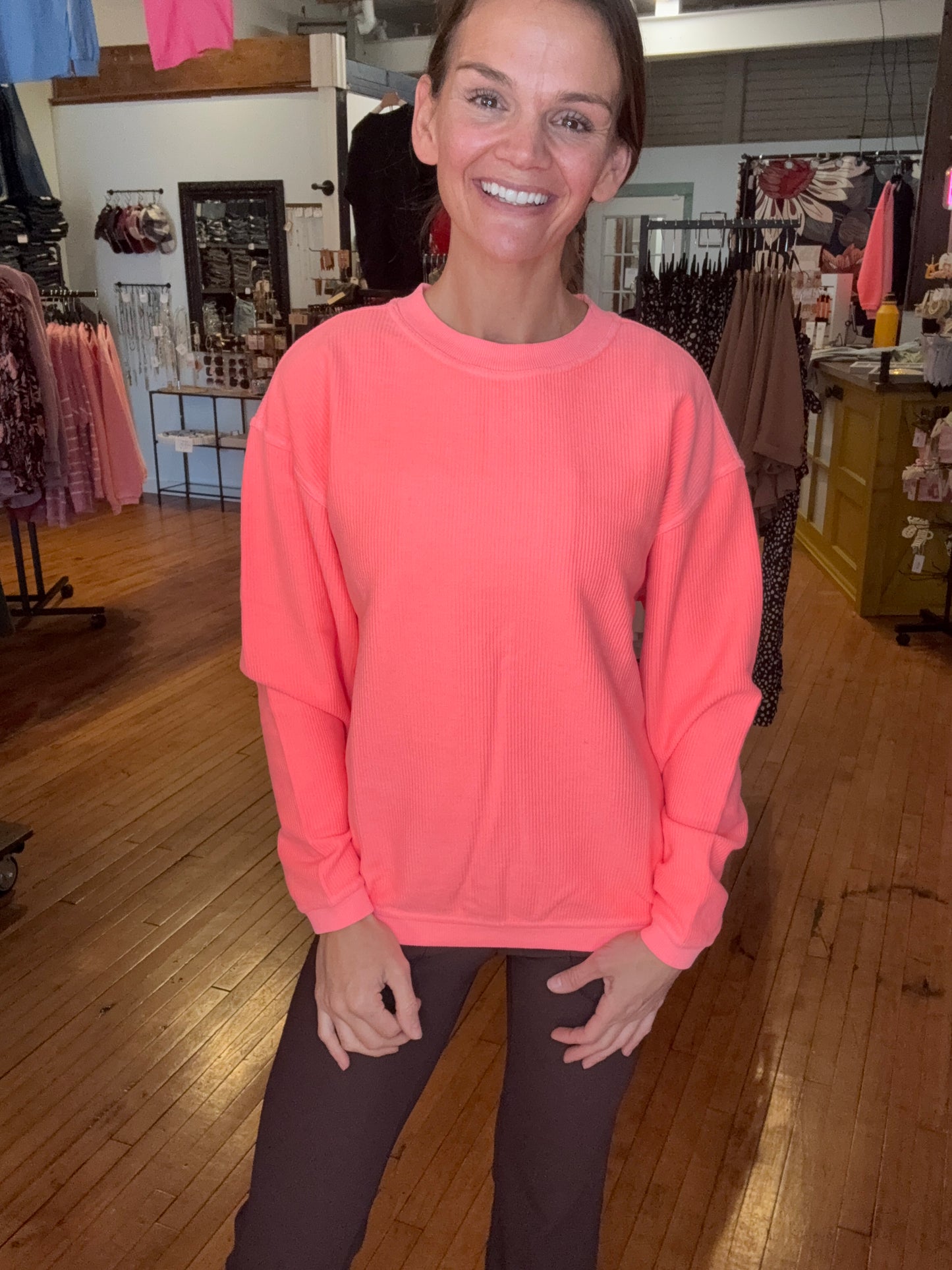 CELIA CORDED CREW SWEATSHIRT - NEON CORAL