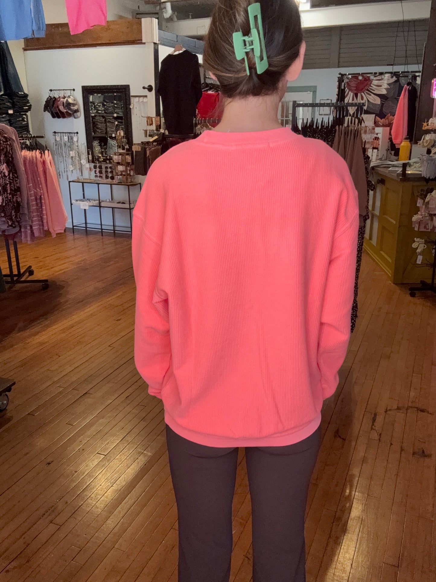 CELIA CORDED CREW SWEATSHIRT - NEON CORAL