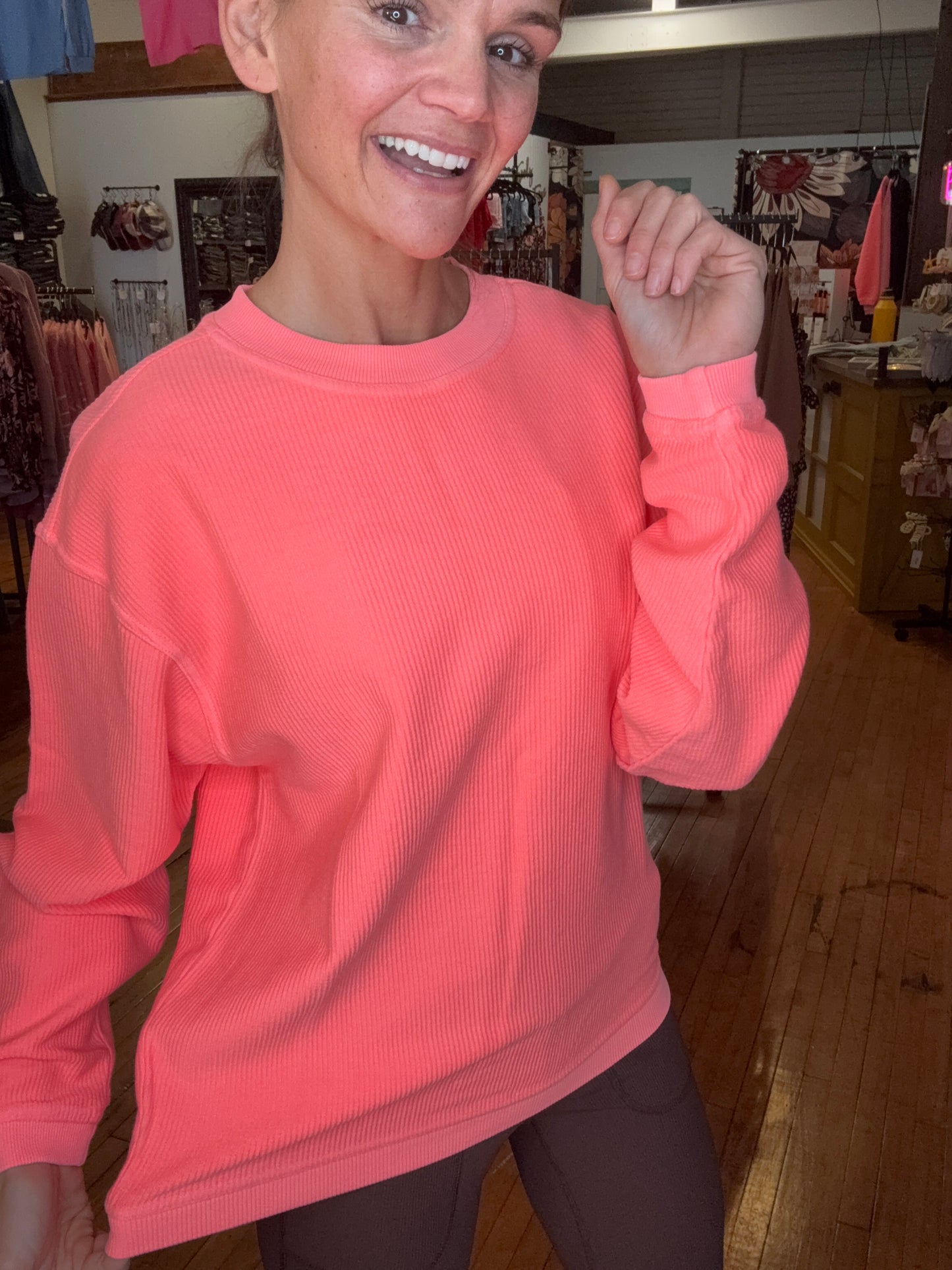 CELIA CORDED CREW SWEATSHIRT - NEON CORAL