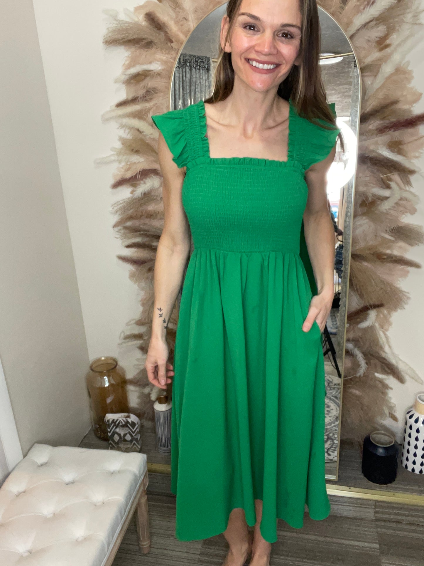 KELLY GREEN MIDI DRESS