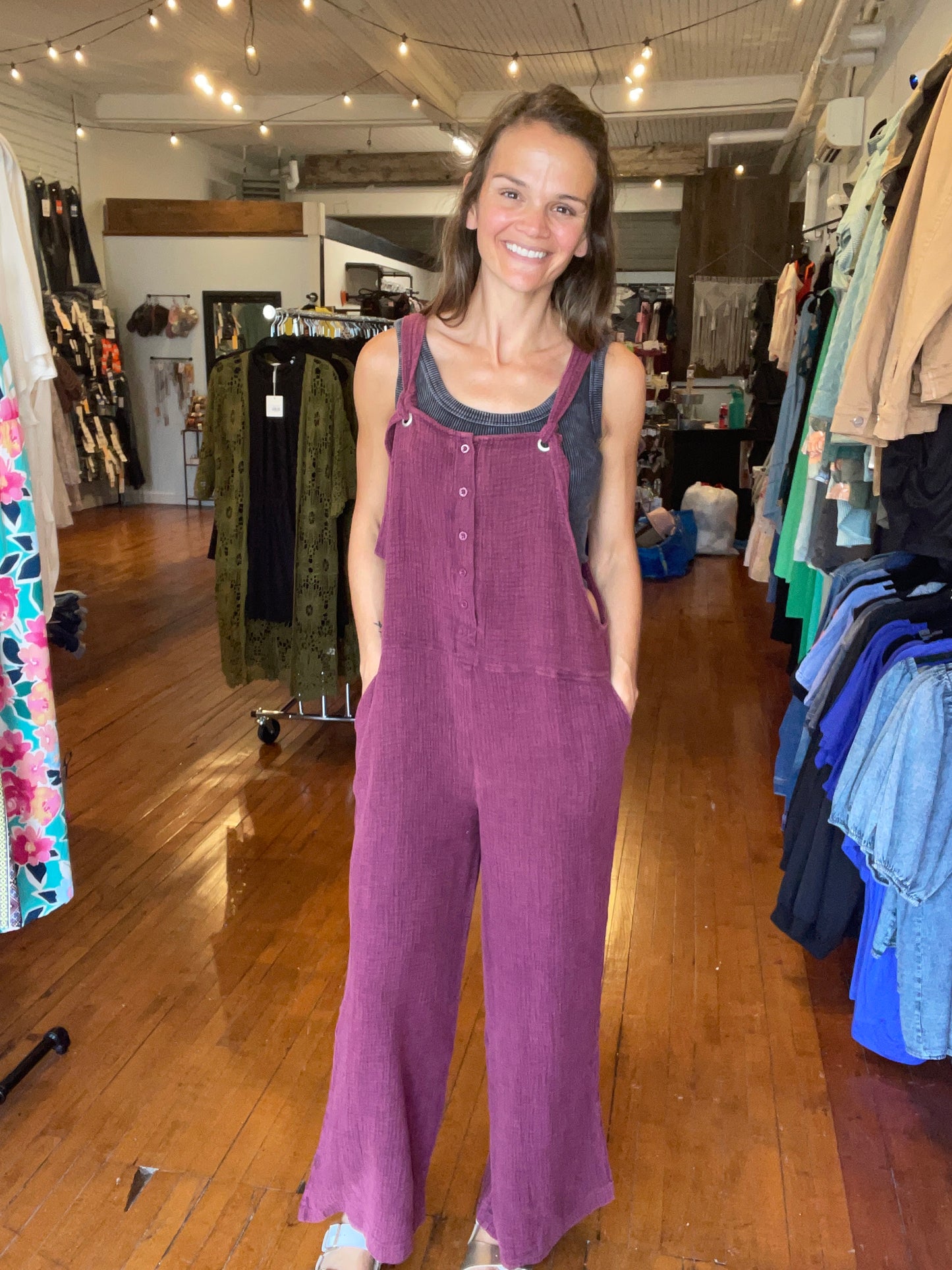 Henley Washed Overalls-Plum