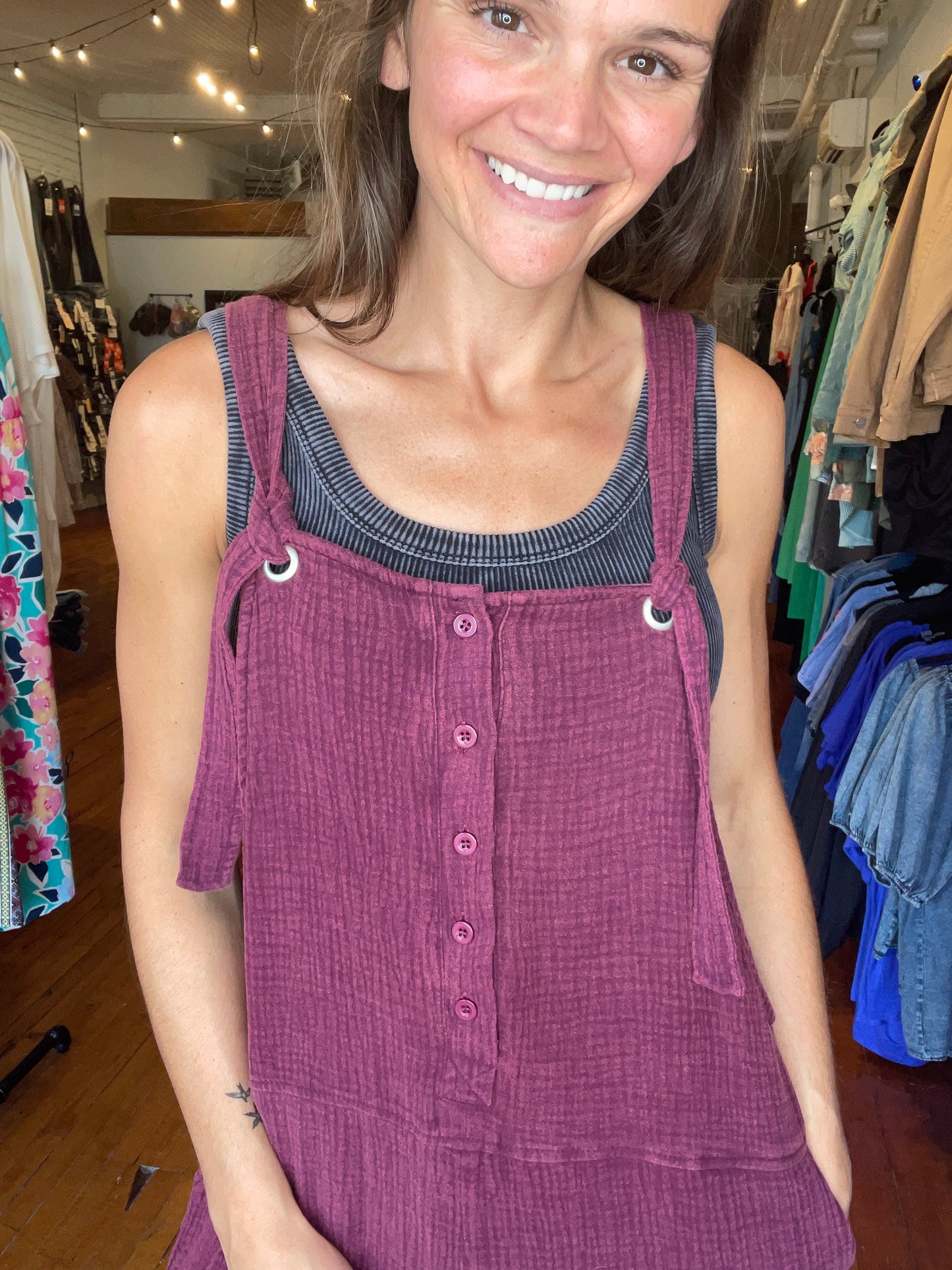 Henley Washed Overalls-Plum