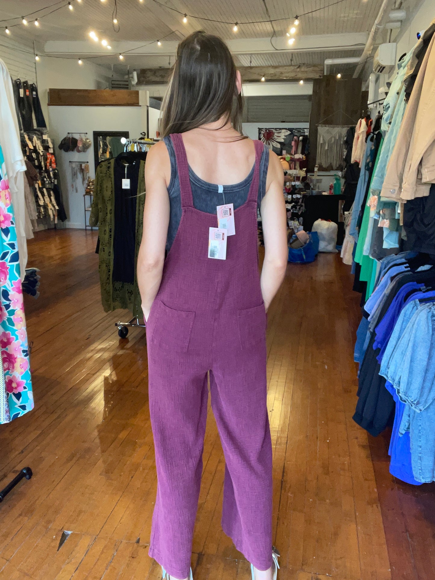 Henley Washed Overalls-Plum