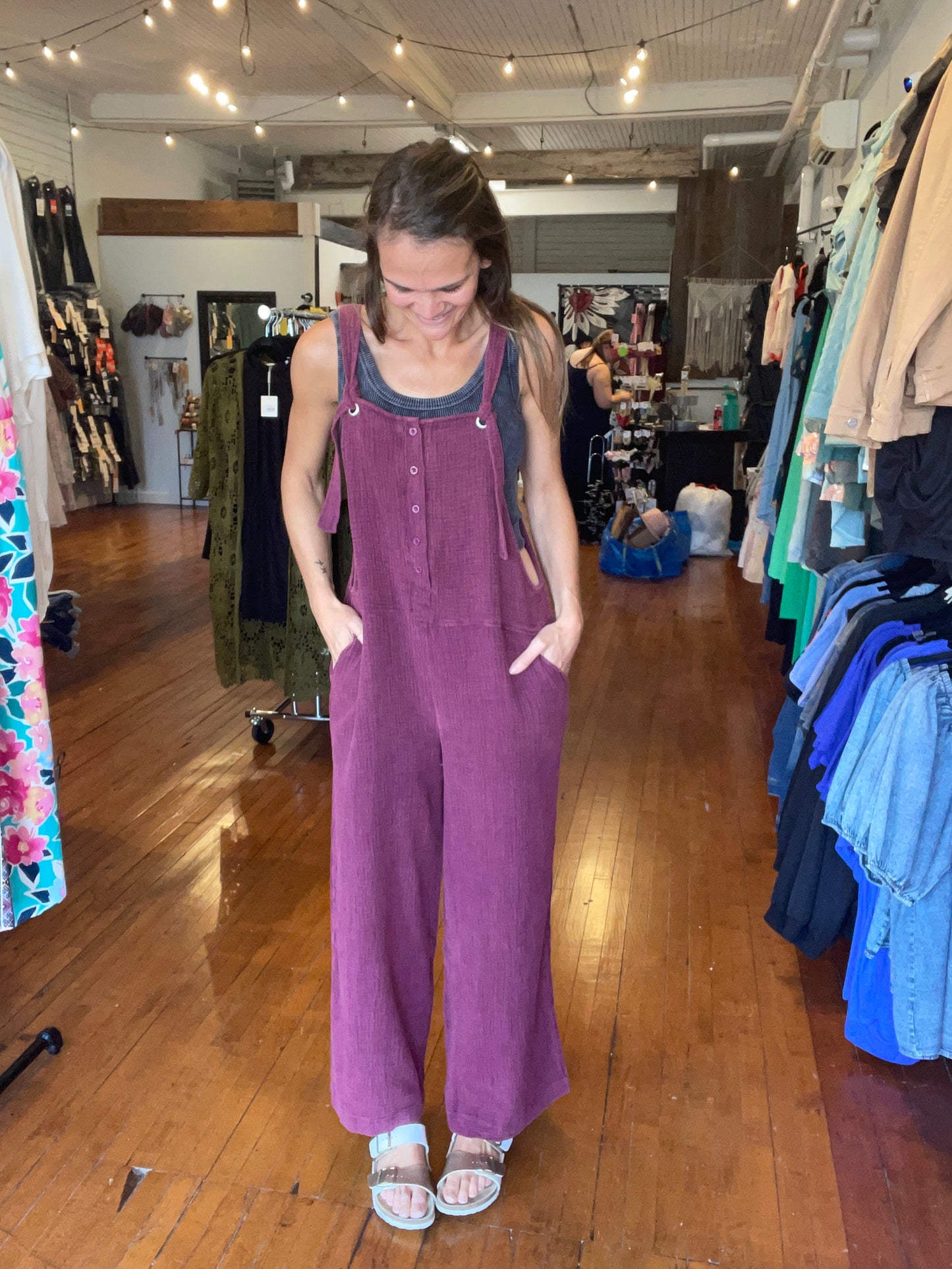 Henley Washed Overalls-Plum