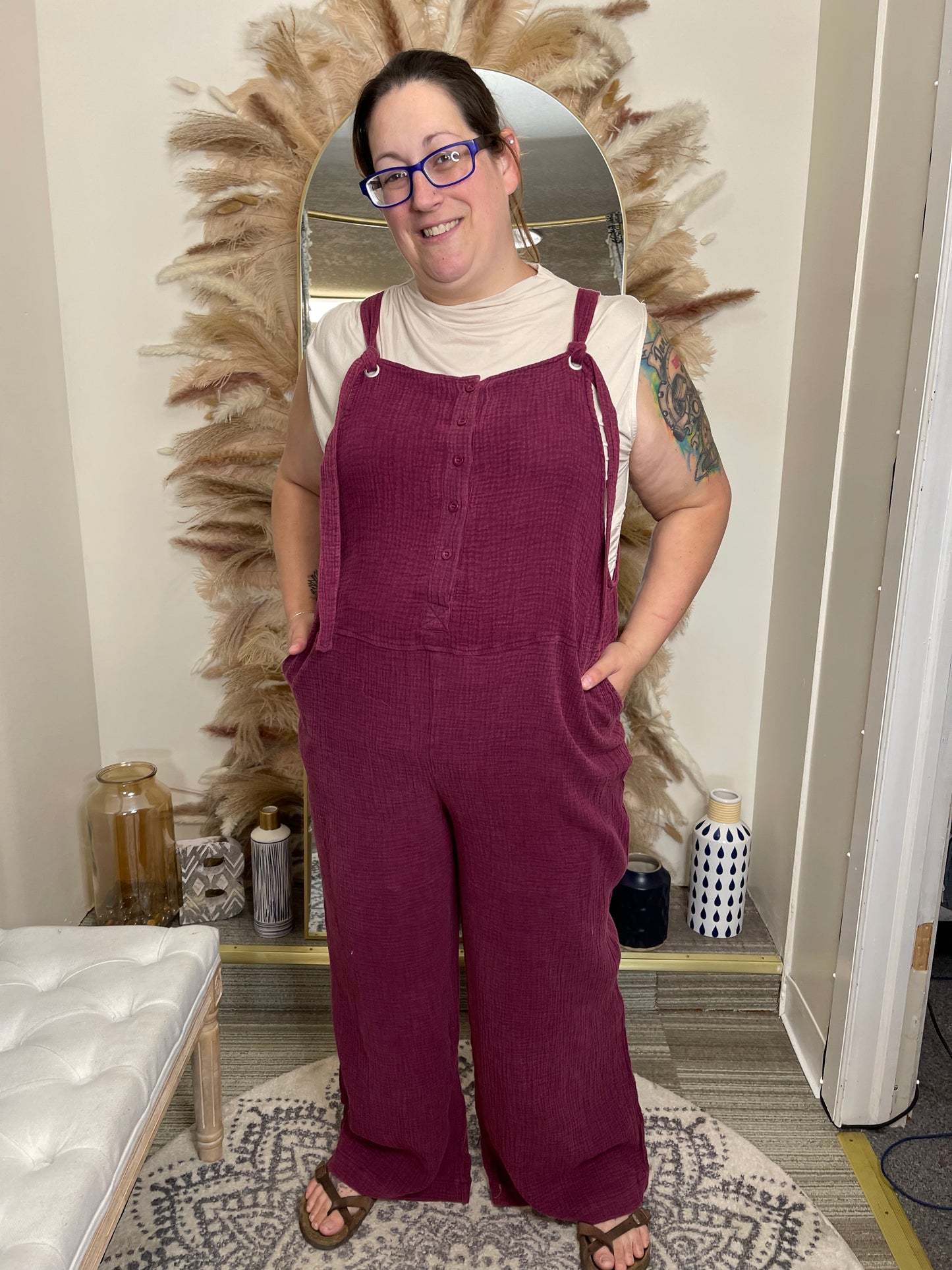 Henley Washed Overalls-Plum