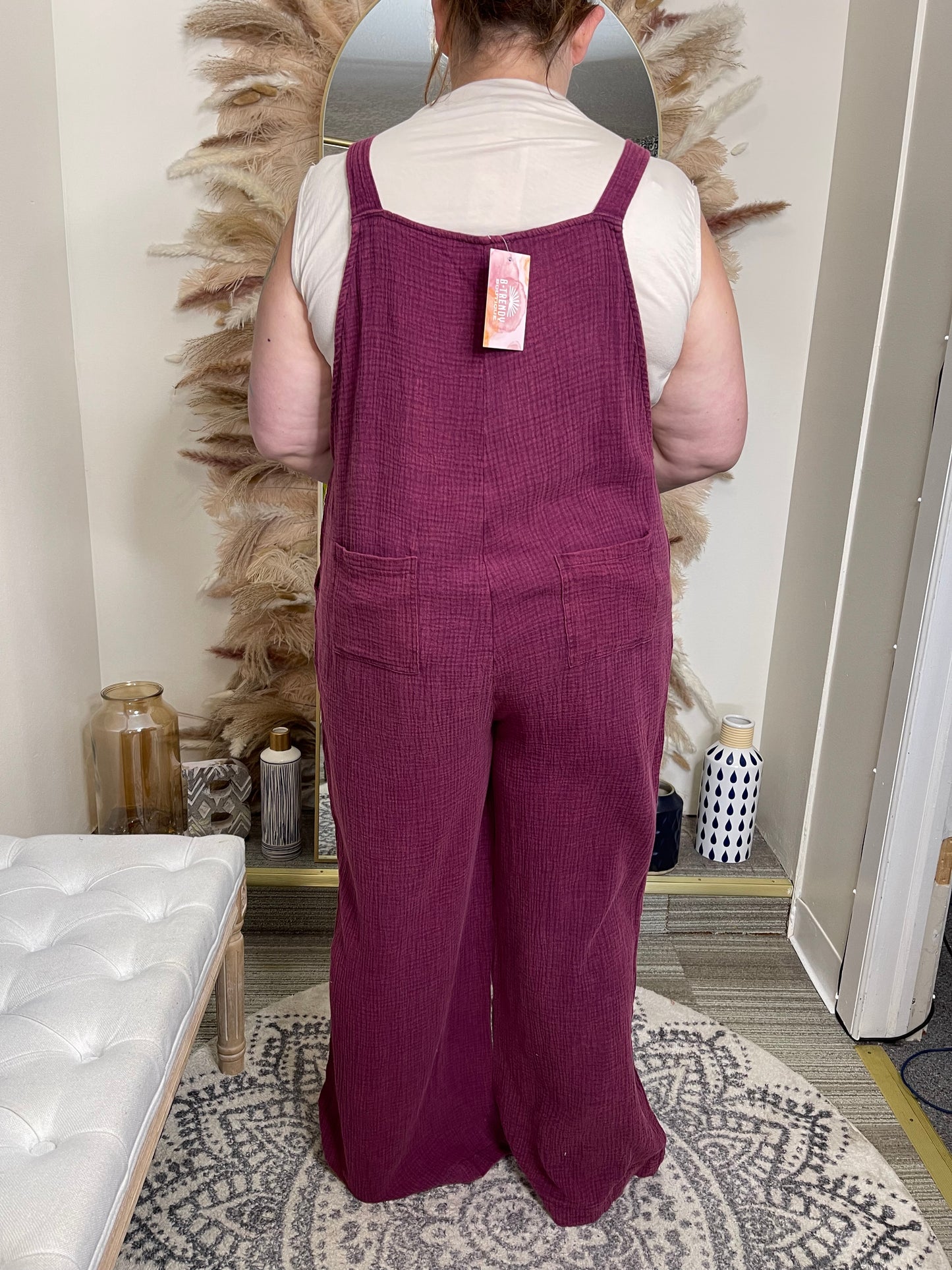 Henley Washed Overalls-Plum