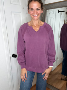 Lace Accent Vintage Wash Pullover Purple- Michelle Mae