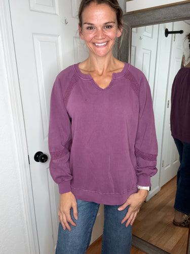 Lace Accent Vintage Wash Pullover Purple- Michelle Mae