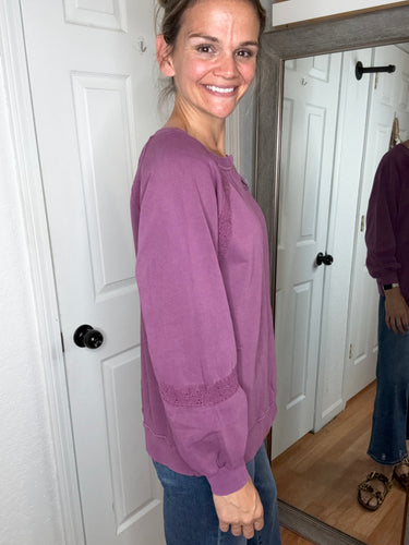 Lace Accent Vintage Wash Pullover Purple- Michelle Mae