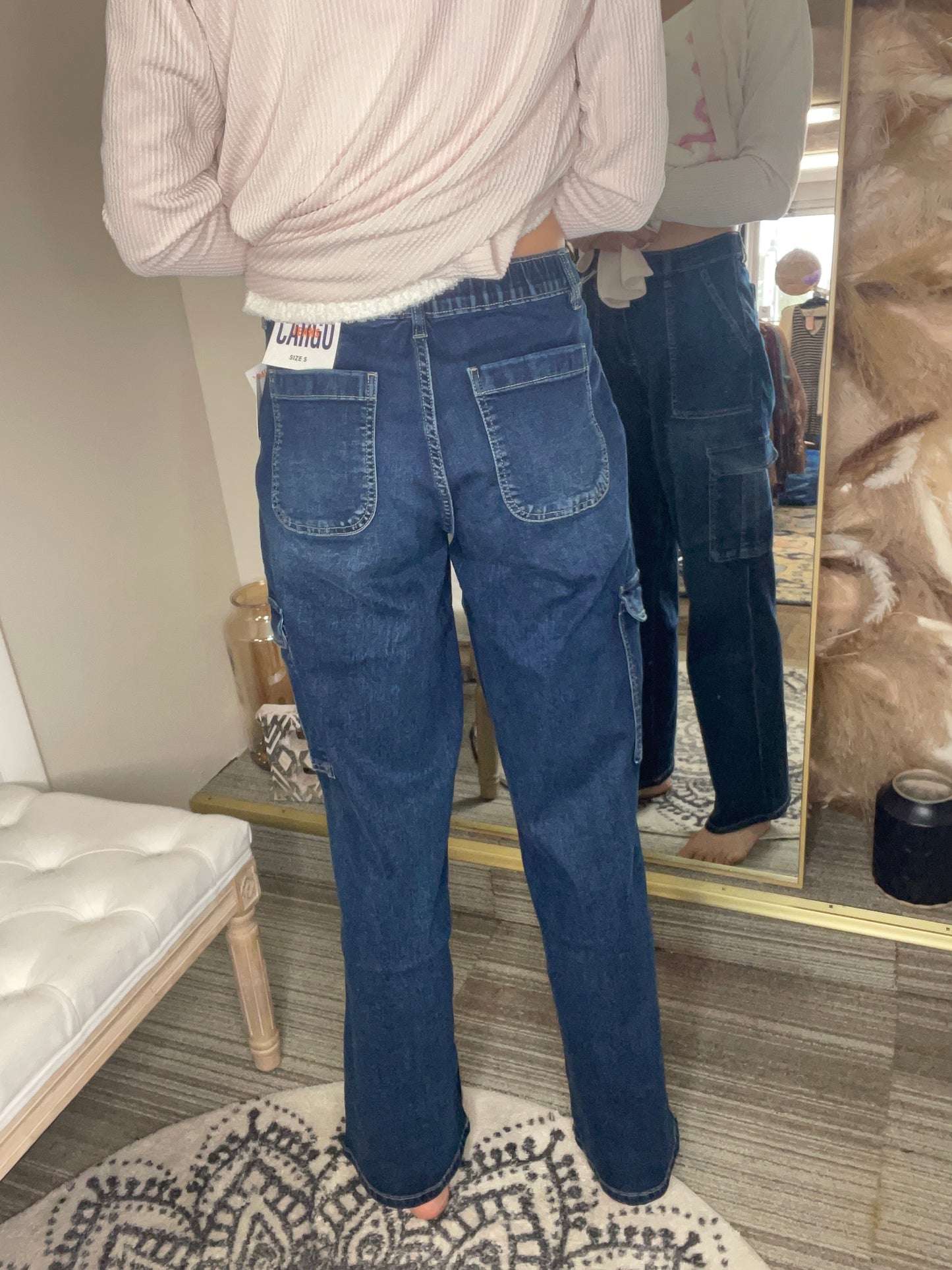 Straight Leg Cargo Jean with back pockets -Indigo Wash