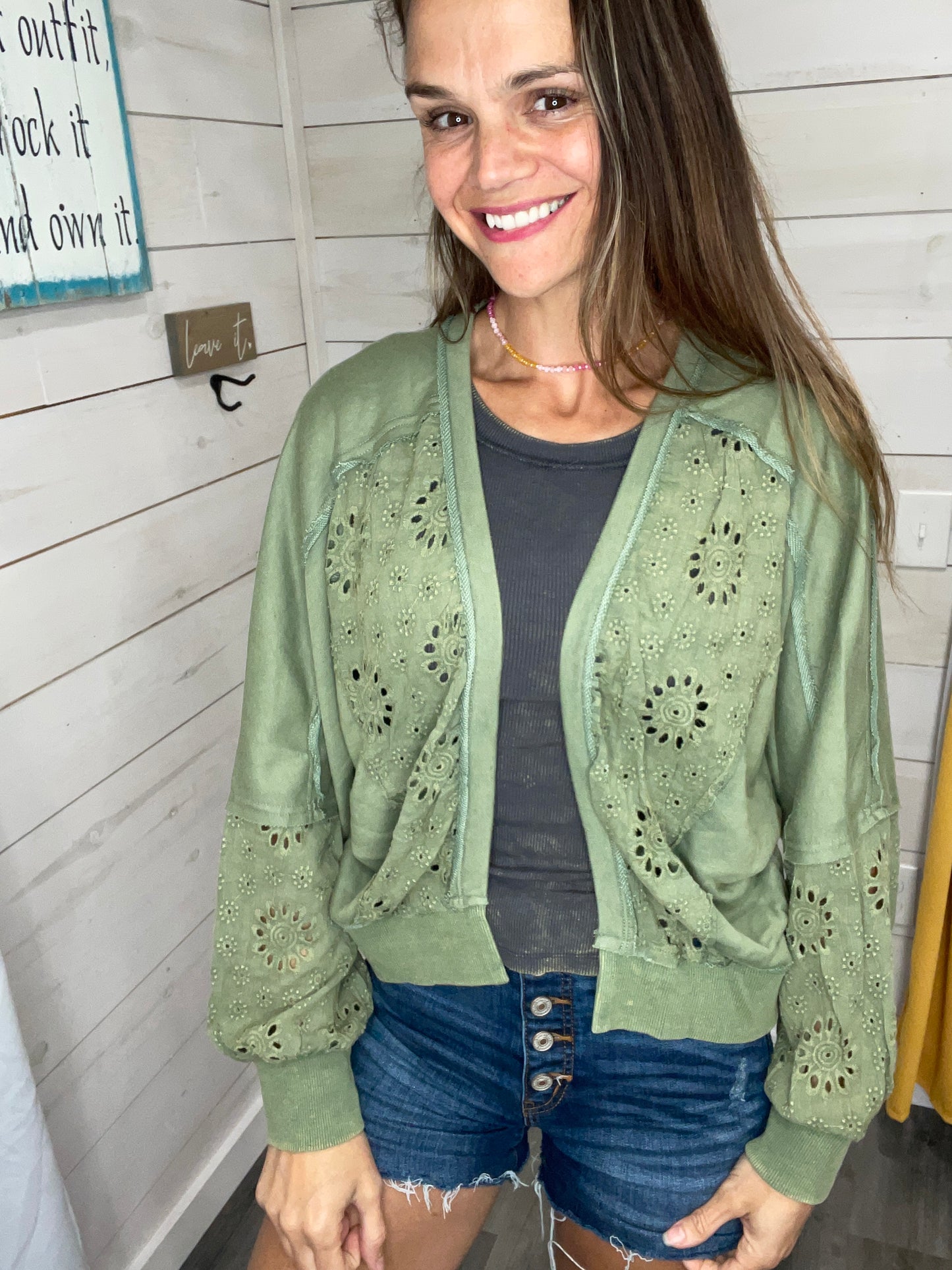 Washed Lace Trim Cardigan - Green