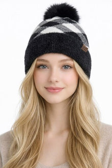 C.c Diamond Check Pom Beanie Black- Hana