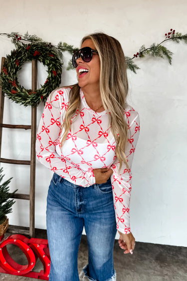 CHRISTMAS MESH TOP RED BOW - BLAKELEY
