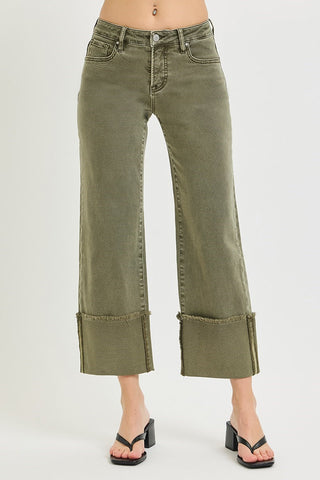 Lyla Crop Wide Leg Denim Jeans- Dark Olive - Risen