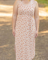 ribbed midi dress sand and rust floral womans dress