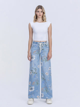 Maisy Wide Leg Floral Printed Denim-  Lovervet