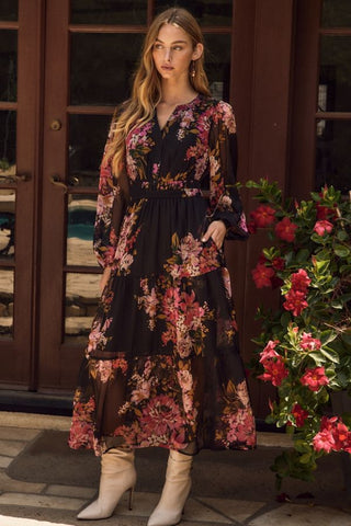 Lawry Long Sleeve Midi Dress Black- Oddi