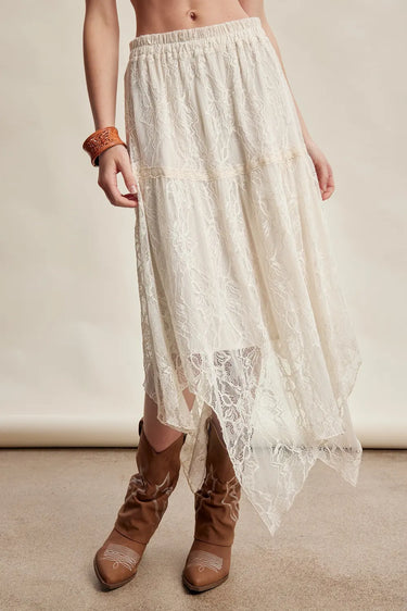 Ellie Asymmetrical Lace Midi Skirt Oat- Listicle